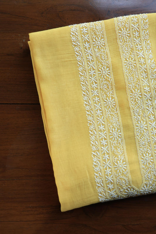 Yellow Shade Mulmul Chikankari Unstitched Men's Kurtas Fabric