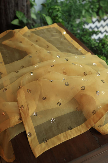 Yellow Shade Noor Organza Silk Chikankari Unstitched Kurta Dupatta Set