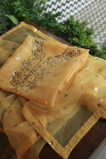 Yellow Shade Noor Organza Silk Chikankari Unstitched Kurta Dupatta Set