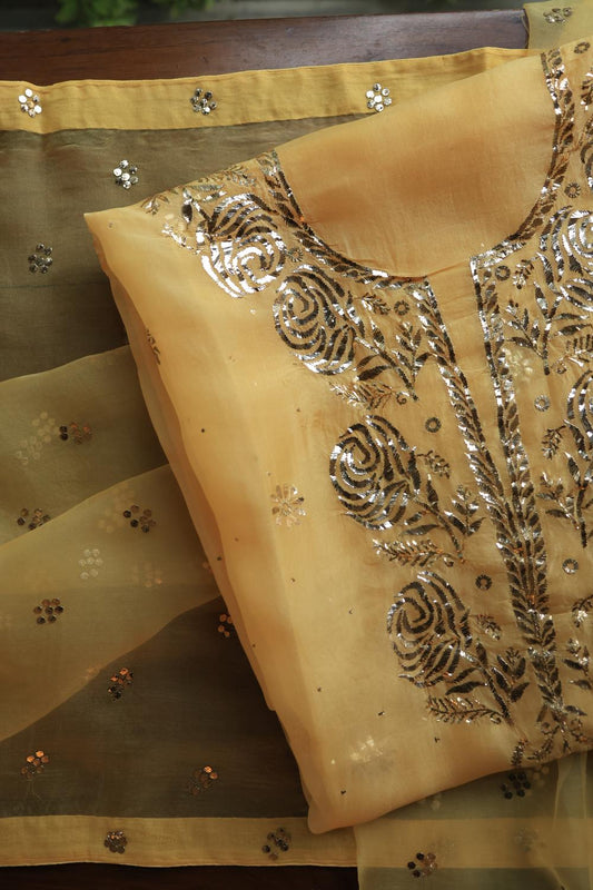 Yellow Shade Noor Organza Silk Chikankari Unstitched Kurta Dupatta Set