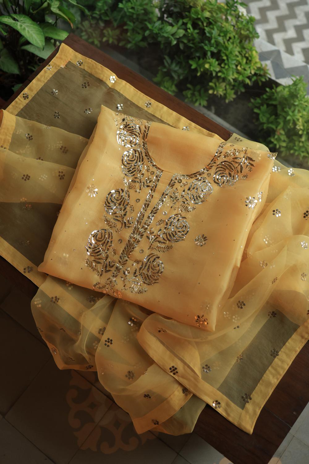 Yellow Shade Noor Organza Silk Chikankari Unstitched Kurta Dupatta Set