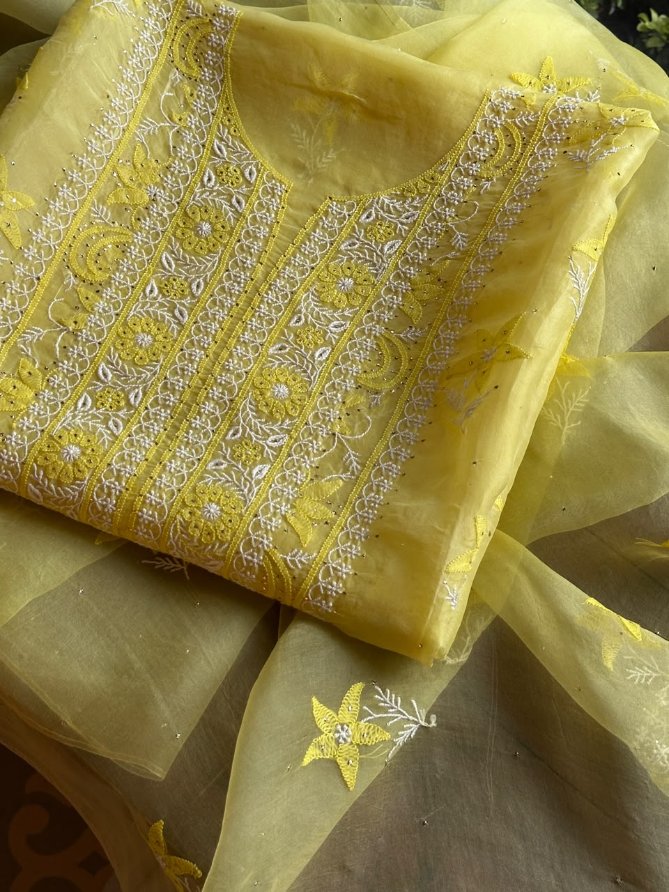 Yellow Shade Organza Silk Chikankari Unstitched Fabric