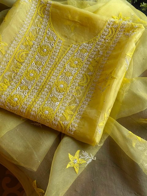 Yellow Shade Organza Silk Chikankari Unstitched Fabric