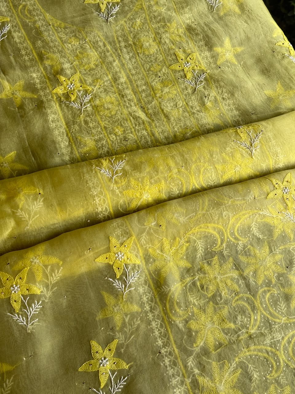 Yellow Shade Organza Silk Chikankari Unstitched Fabric