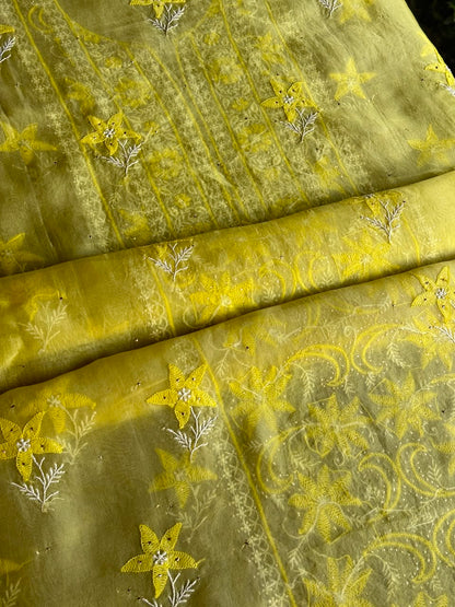 Yellow Shade Organza Silk Chikankari Unstitched Fabric