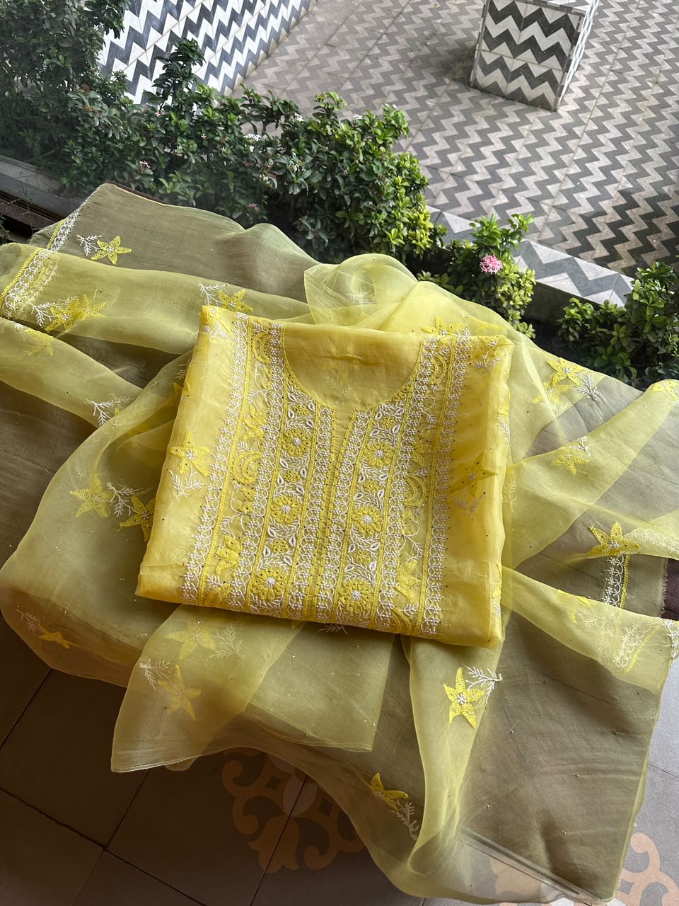 Yellow Shade Organza Silk Chikankari Unstitched Fabric
