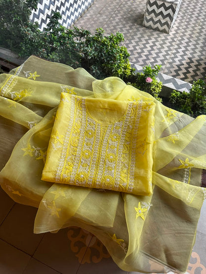 Yellow Shade Organza Silk Chikankari Unstitched Fabric