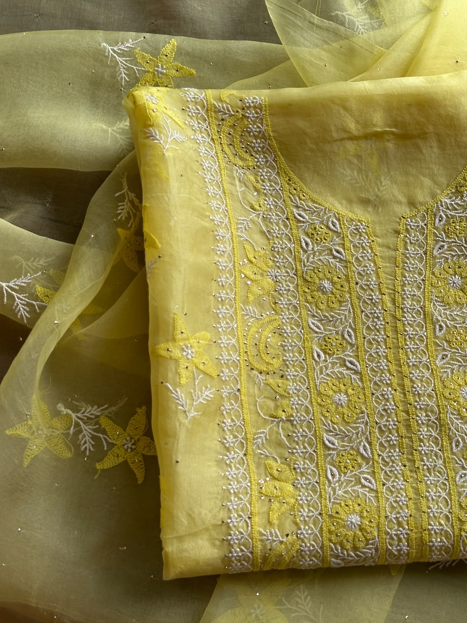 Yellow Shade Organza Silk Chikankari Unstitched Fabric