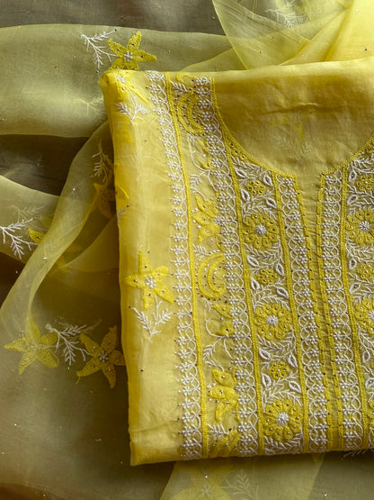Yellow Shade Organza Silk Chikankari Unstitched Fabric