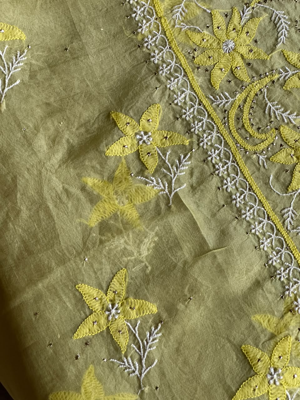 Yellow Shade Organza Silk Chikankari Unstitched Fabric