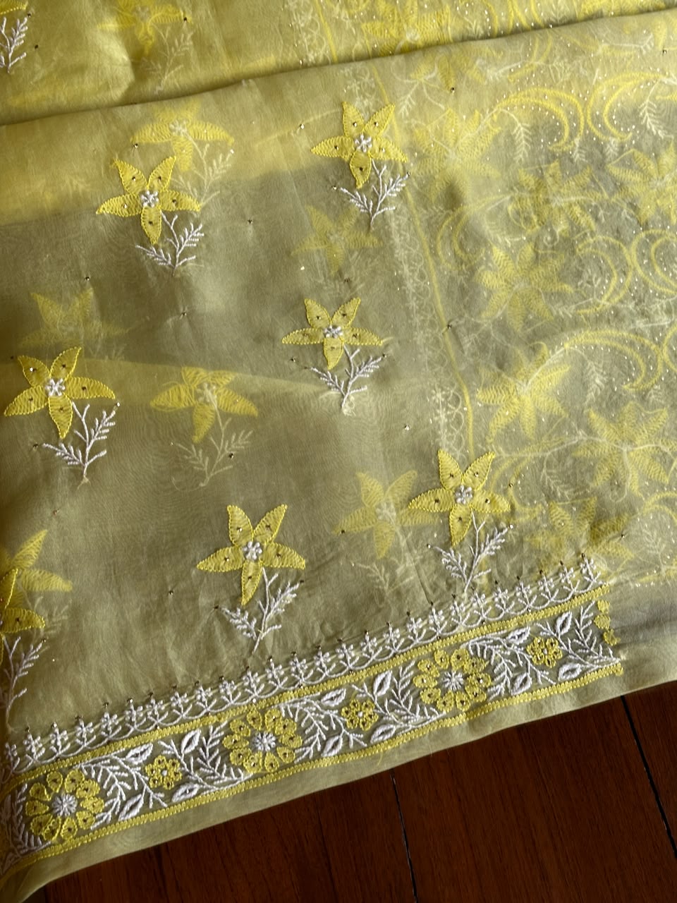 Yellow Shade Organza Silk Chikankari Unstitched Fabric