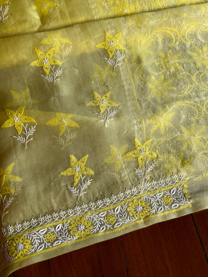 Yellow Shade Organza Silk Chikankari Unstitched Fabric