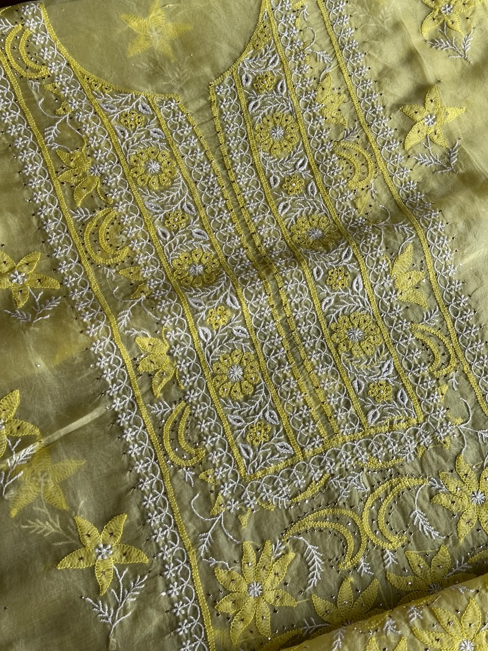 Yellow Shade Organza Silk Chikankari Unstitched Fabric