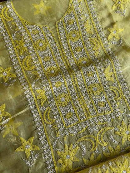 Yellow Shade Organza Silk Chikankari Unstitched Fabric