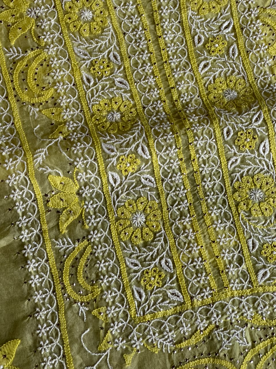 Yellow Shade Organza Silk Chikankari Unstitched Fabric