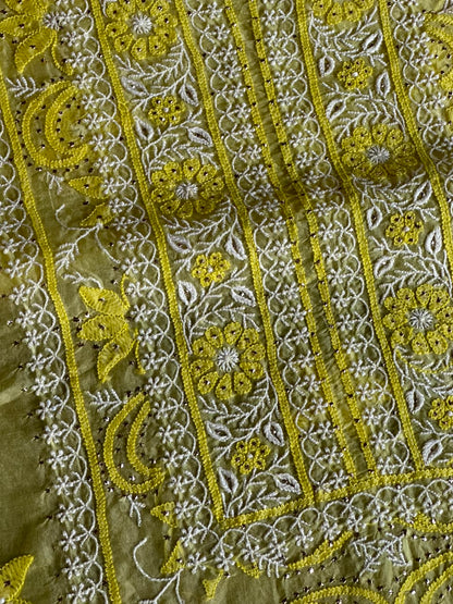 Yellow Shade Organza Silk Chikankari Unstitched Fabric