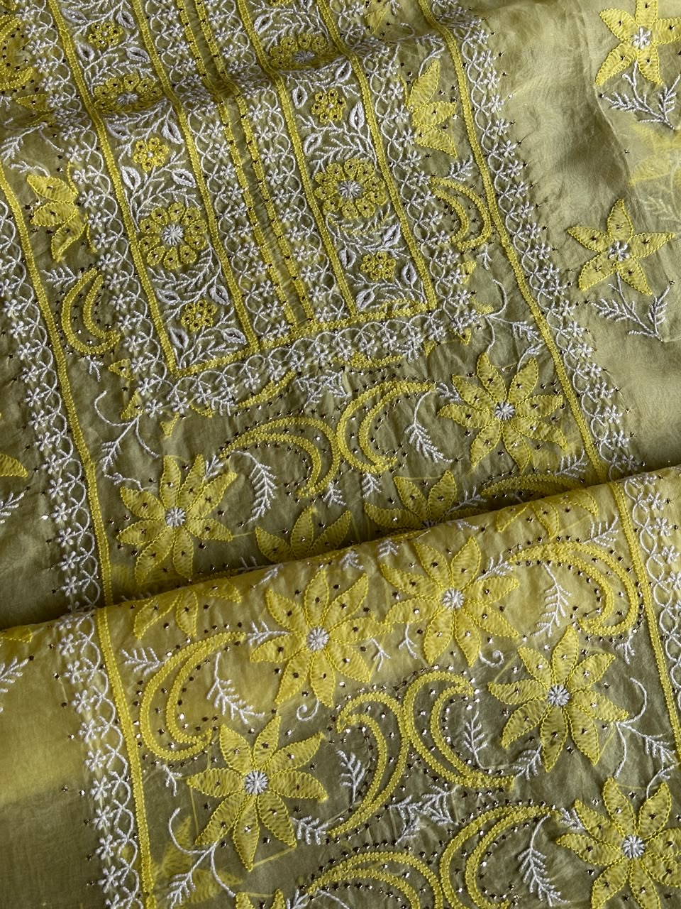 Yellow Shade Organza Silk Chikankari Unstitched Fabric