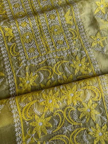 Yellow Shade Organza Silk Chikankari Unstitched Fabric