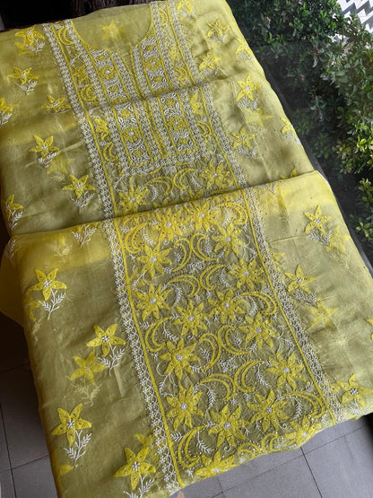 Yellow Shade Organza Silk Chikankari Unstitched Fabric