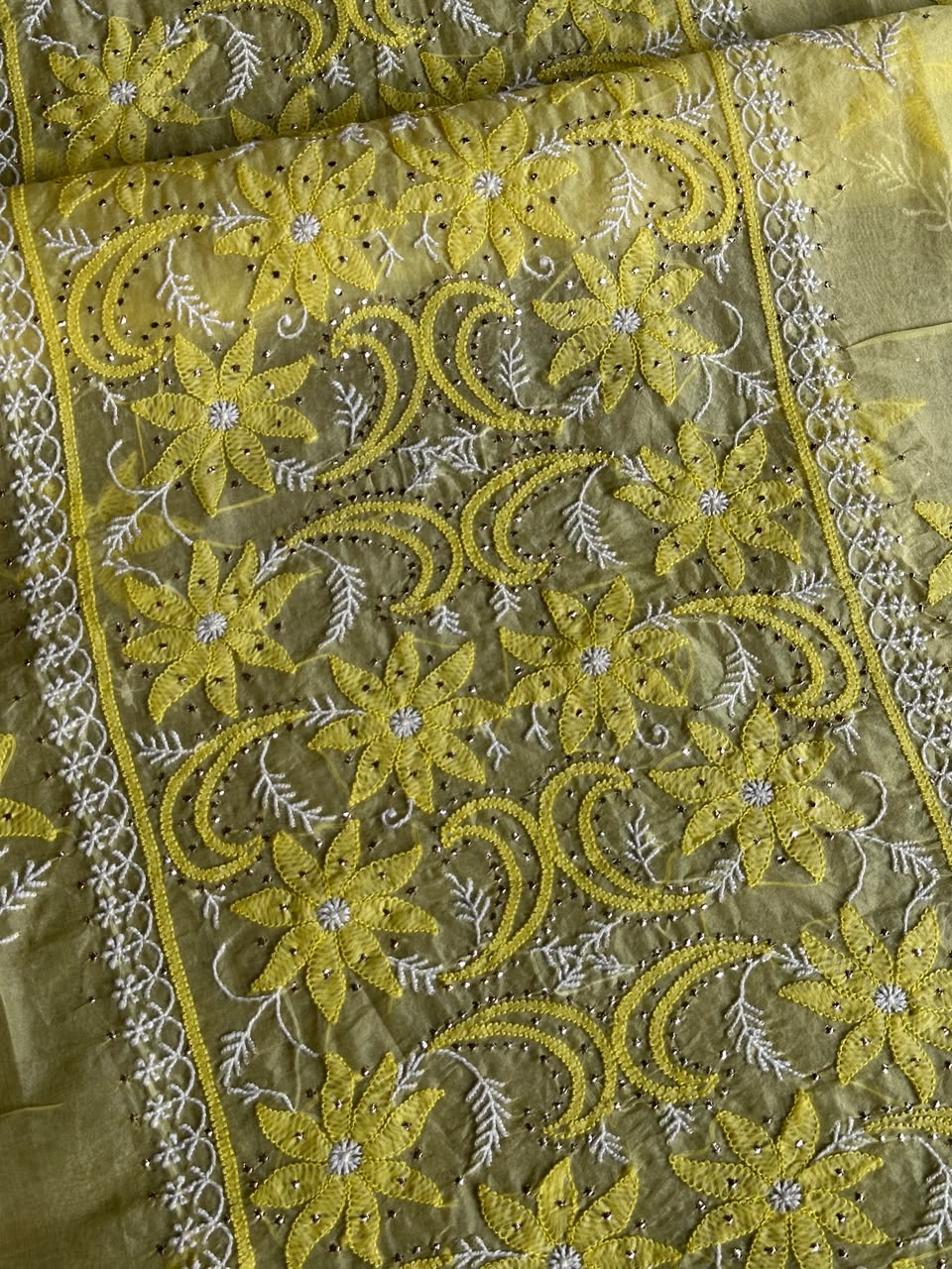 Yellow Shade Organza Silk Chikankari Unstitched Fabric