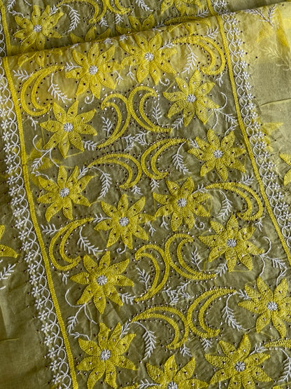 Yellow Shade Organza Silk Chikankari Unstitched Fabric