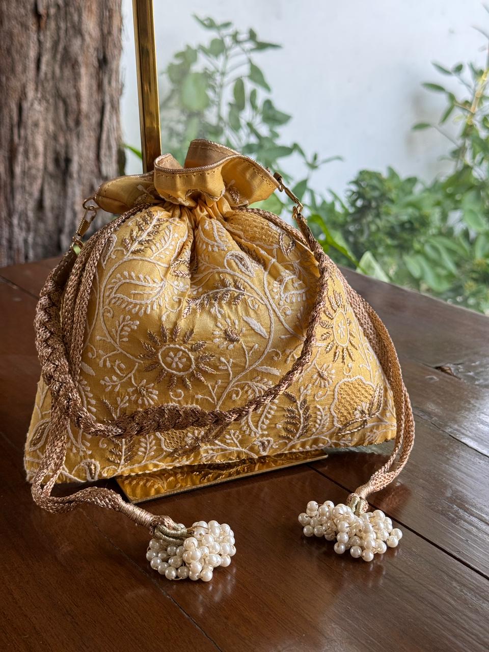 Yellow Shade Raw Silk Chikankari Polti Bag