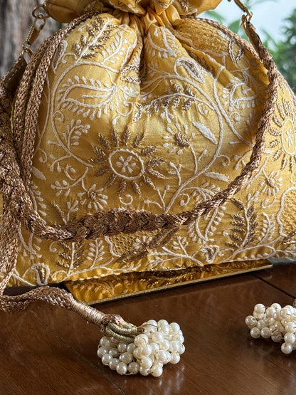 Yellow Shade Raw Silk Chikankari Polti Bag