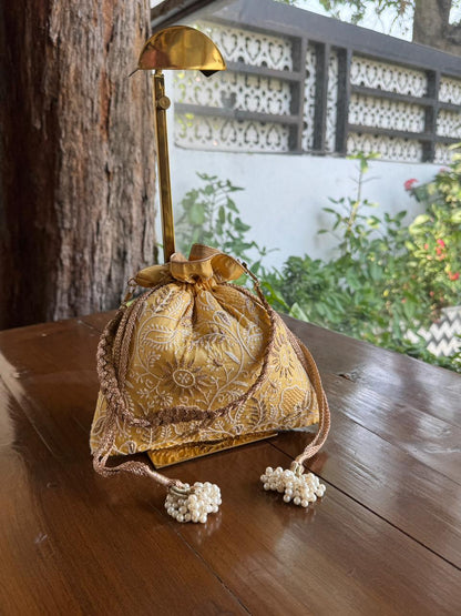 Yellow Shade Raw Silk Chikankari Polti Bag