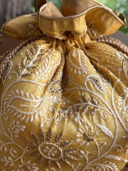 Yellow Shade Raw Silk Chikankari Polti Bag