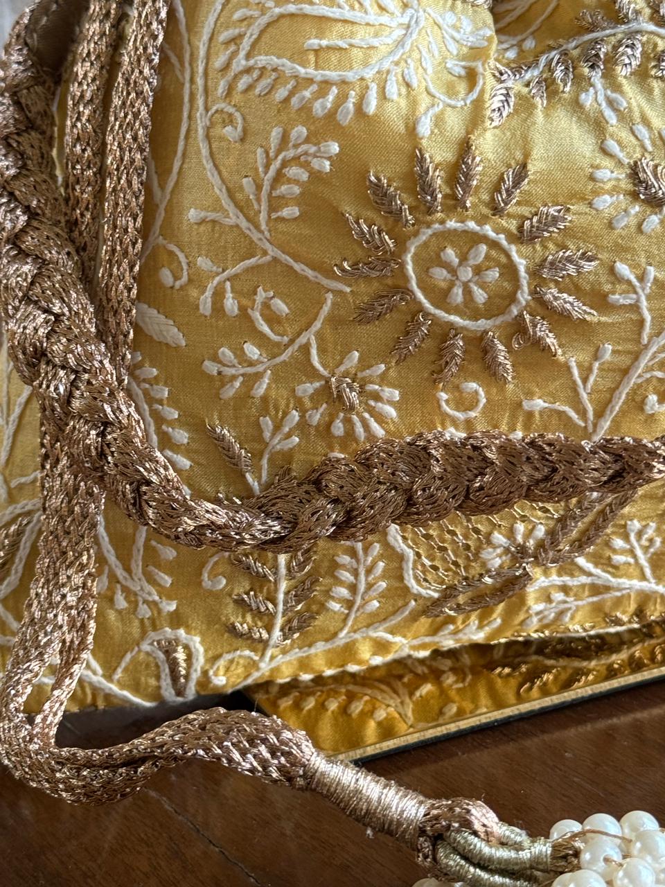 Yellow Shade Raw Silk Chikankari Polti Bag