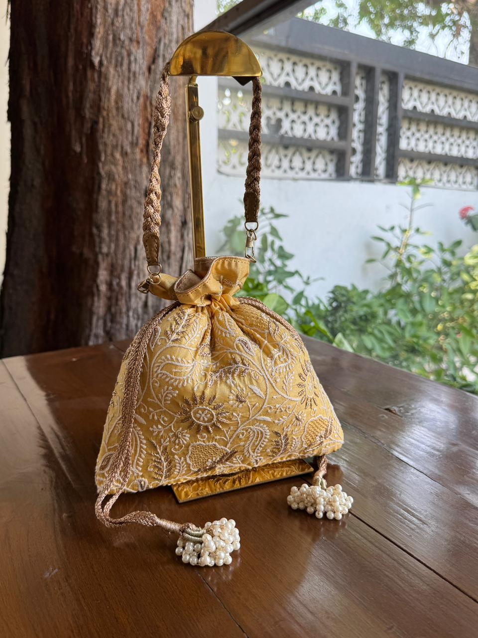 Yellow Shade Raw Silk Chikankari Polti Bag