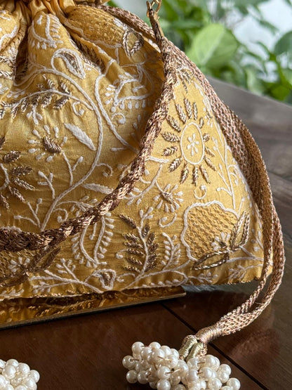 Yellow Shade Raw Silk Chikankari Polti Bag