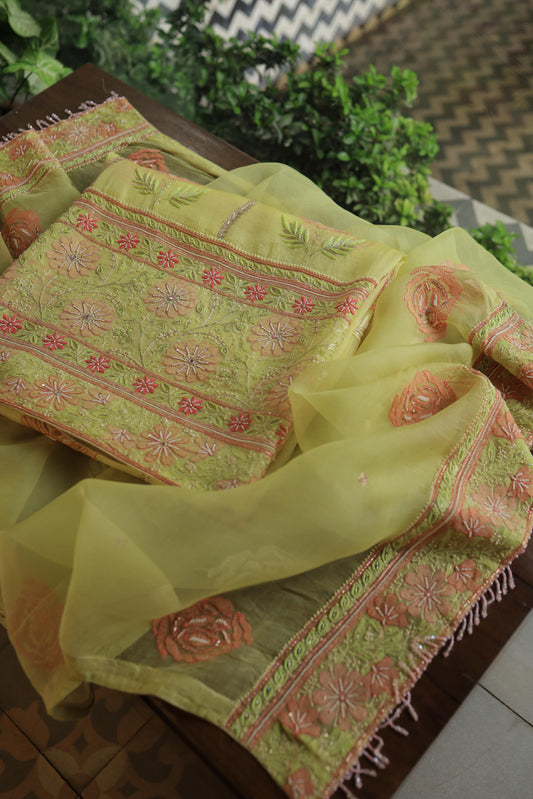 Yellow Shade Rose Motif Banarasi Organza Chikankari Unstitched Fabrics