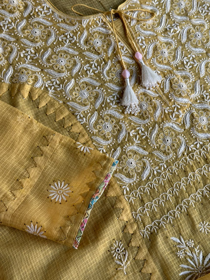 Yellow Shade Semi Stitched Kota Tepchi Chikankari Kurta Dupatta Set