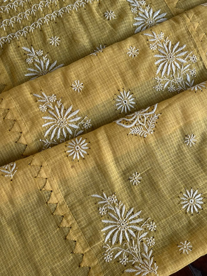 Yellow Shade Semi Stitched Kota Tepchi Chikankari Kurta Dupatta Set