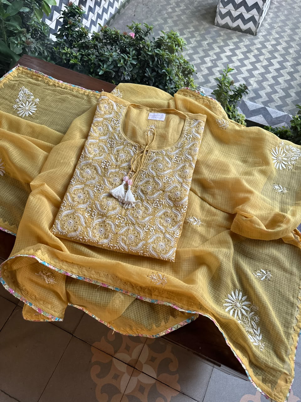 Yellow Shade Semi Stitched Kota Tepchi Chikankari Kurta Dupatta Set