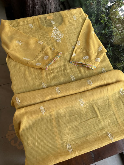 Yellow Shade Semi Stitched Kota Tepchi Chikankari Kurta Dupatta Set
