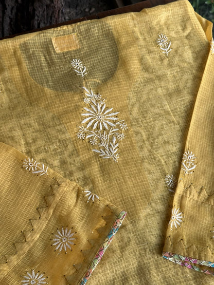 Yellow Shade Semi Stitched Kota Tepchi Chikankari Kurta Dupatta Set