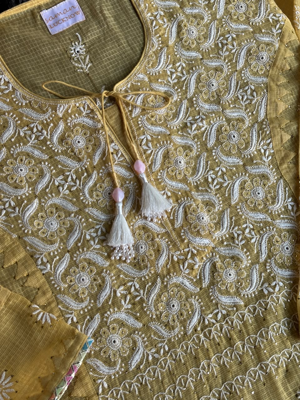 Yellow Shade Semi Stitched Kota Tepchi Chikankari Kurta Dupatta Set