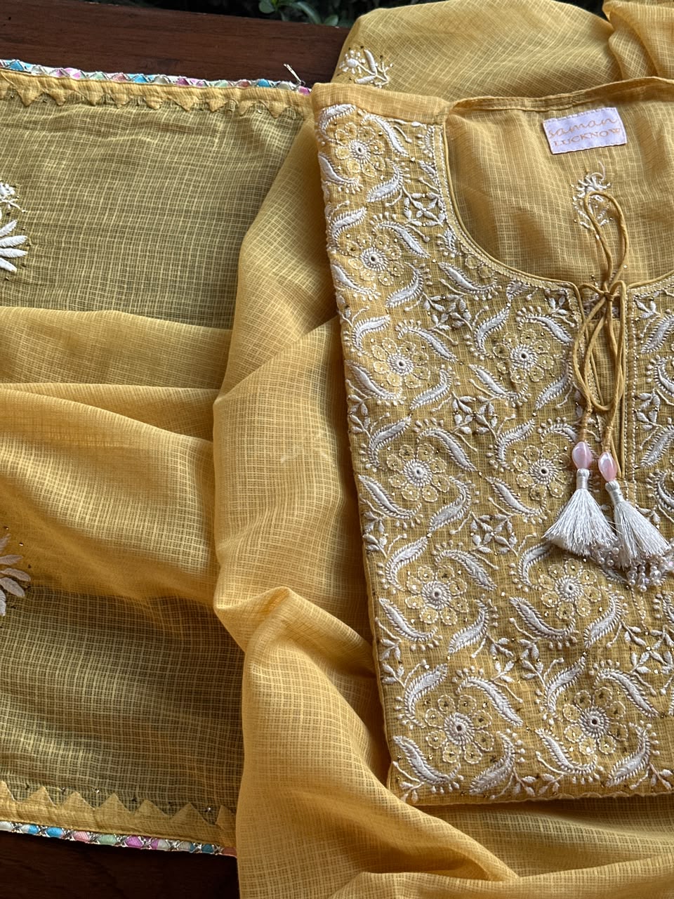 Yellow Shade Semi Stitched Kota Tepchi Chikankari Kurta Dupatta Set