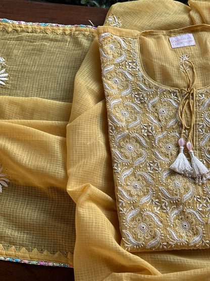 Yellow Shade Semi Stitched Kota Tepchi Chikankari Kurta Dupatta Set