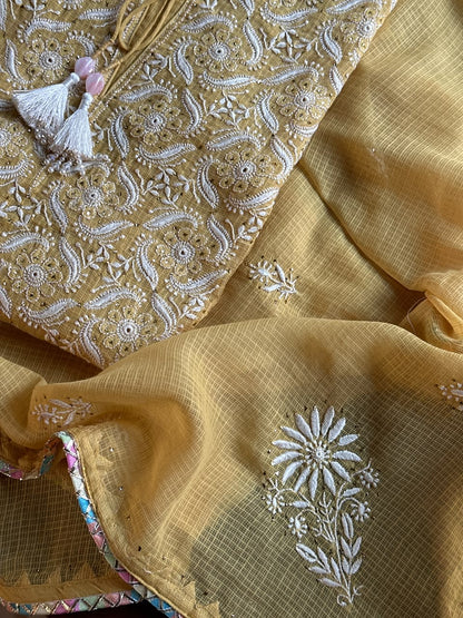 Yellow Shade Semi Stitched Kota Tepchi Chikankari Kurta Dupatta Set
