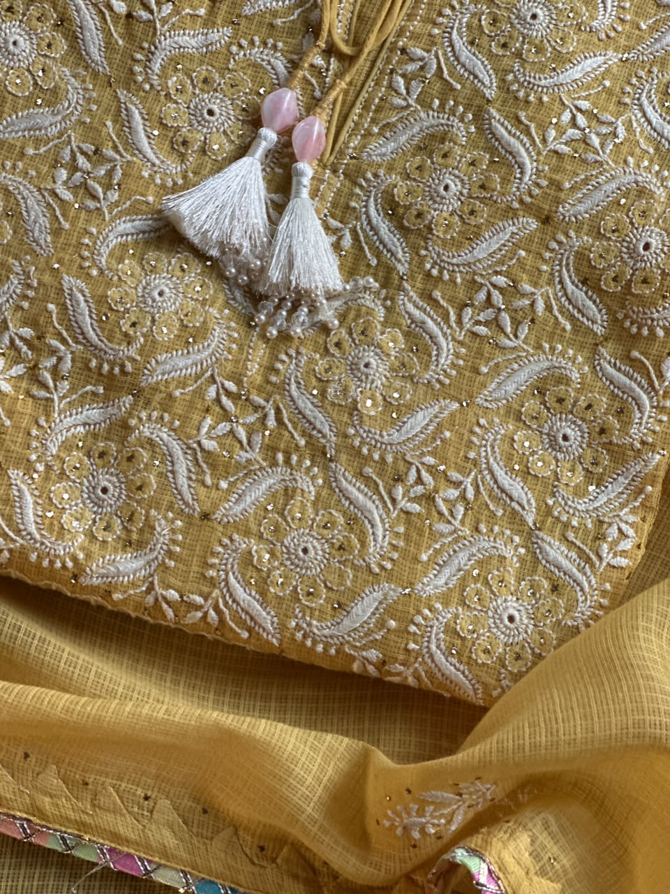 Yellow Shade Semi Stitched Kota Tepchi Chikankari Kurta Dupatta Set