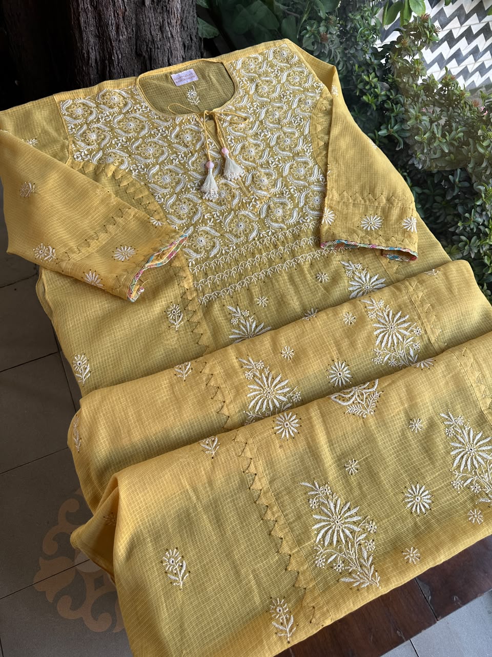 Yellow Shade Semi Stitched Kota Tepchi Chikankari Kurta Dupatta Set