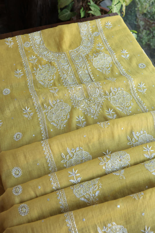 Yellow Shade Shade Silver Tissue Silk Chikankari Unstitched Fabric
