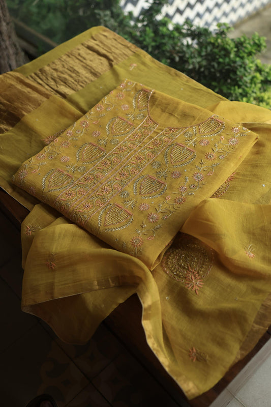 Yellow Shade Tissue Silk Chikankari Unstitched Fabric