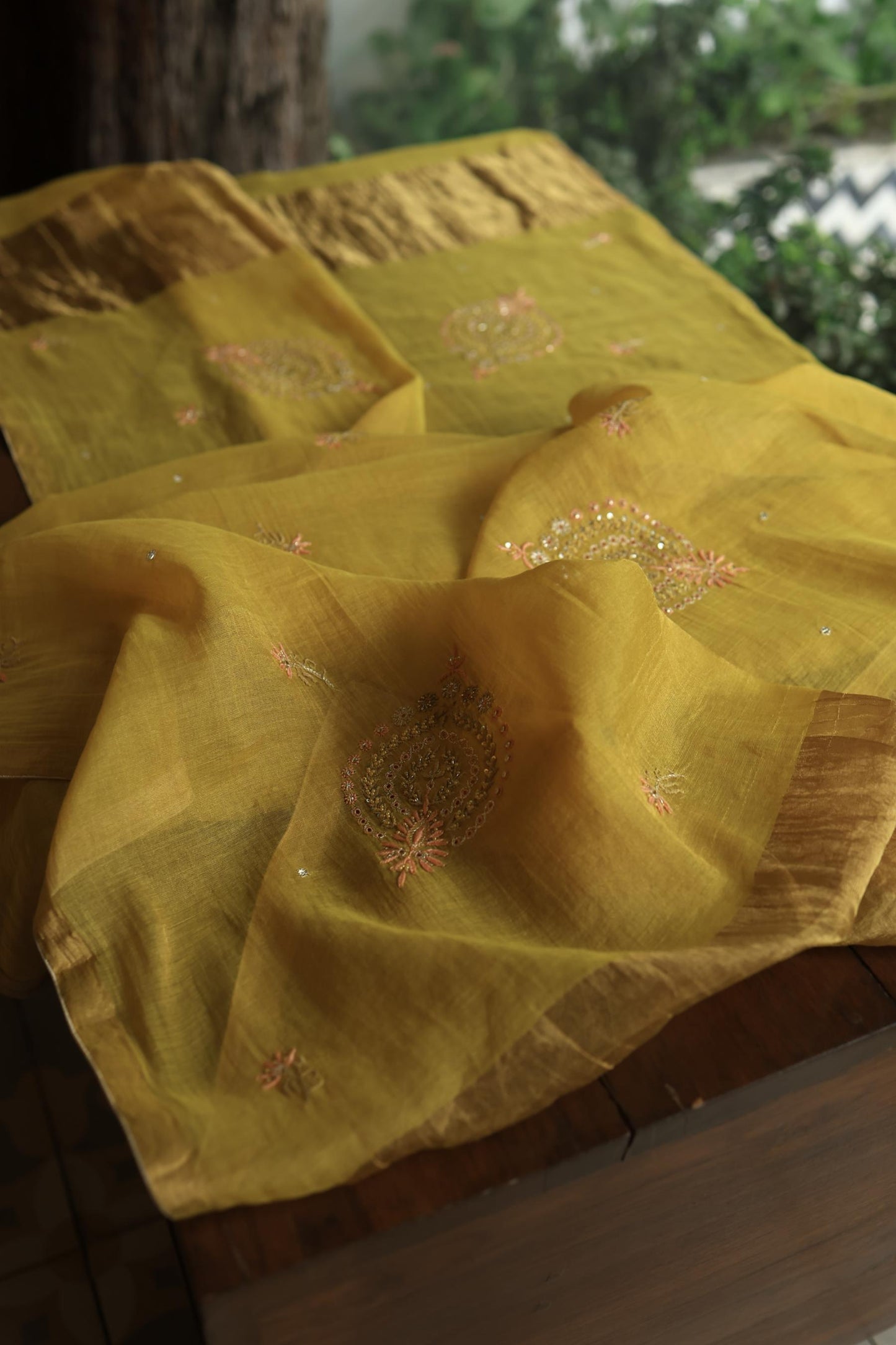 Yellow Shade Tissue Silk Chikankari Unstitched Fabric
