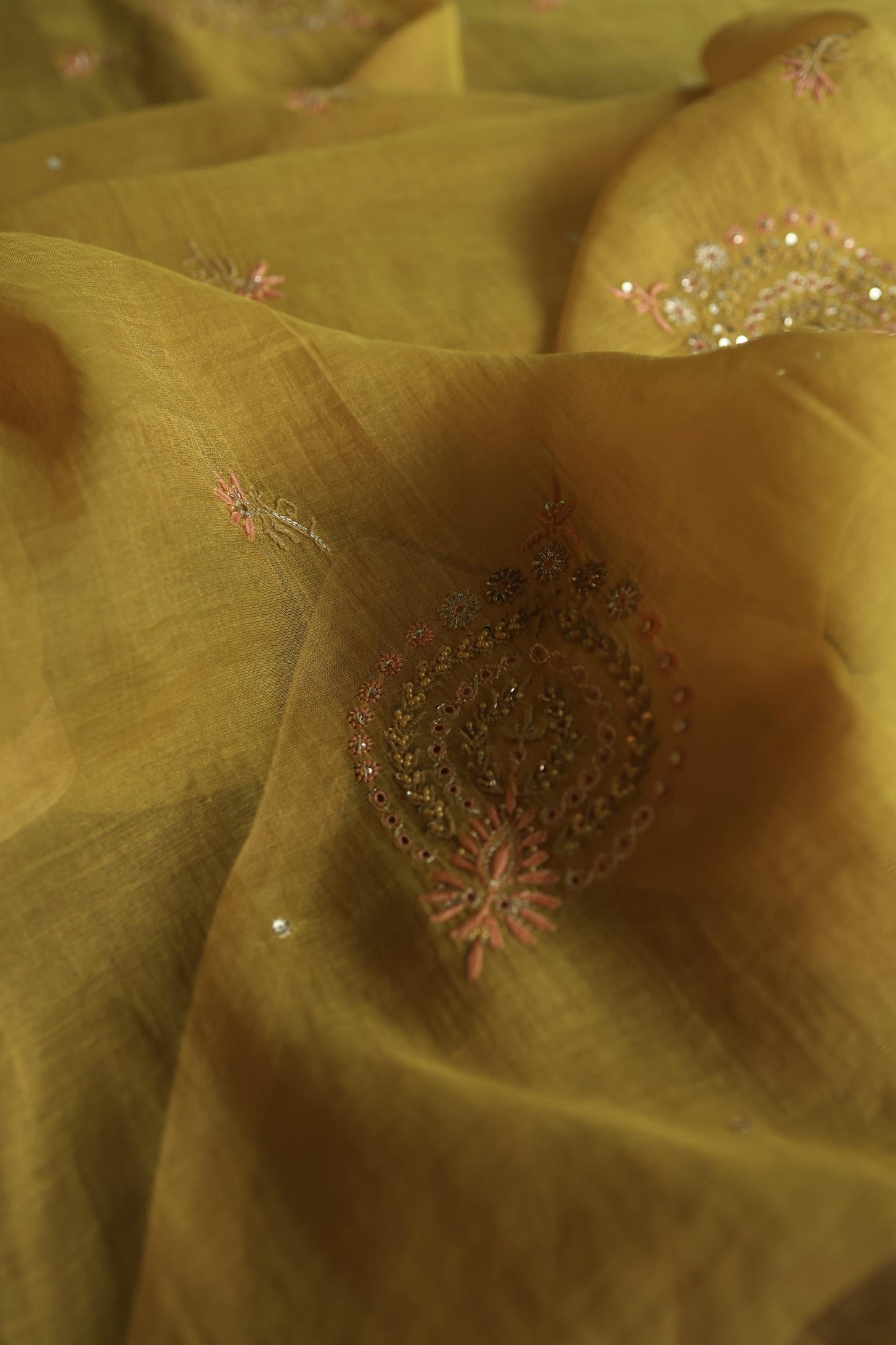 Yellow Shade Tissue Silk Chikankari Unstitched Fabric