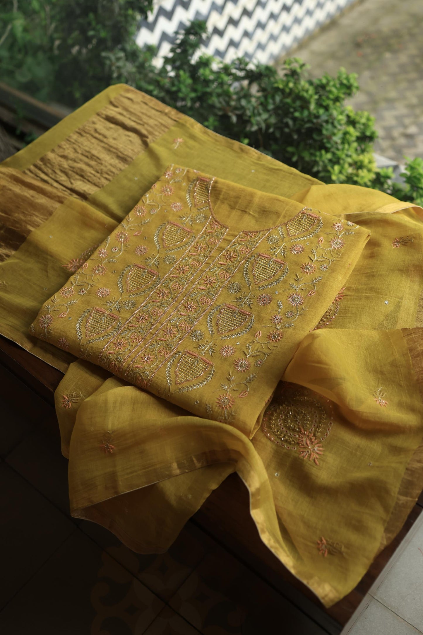 Yellow Shade Tissue Silk Chikankari Unstitched Fabric