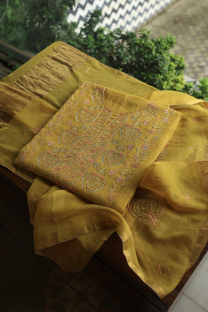 Yellow Shade Tissue Silk Chikankari Unstitched Fabric